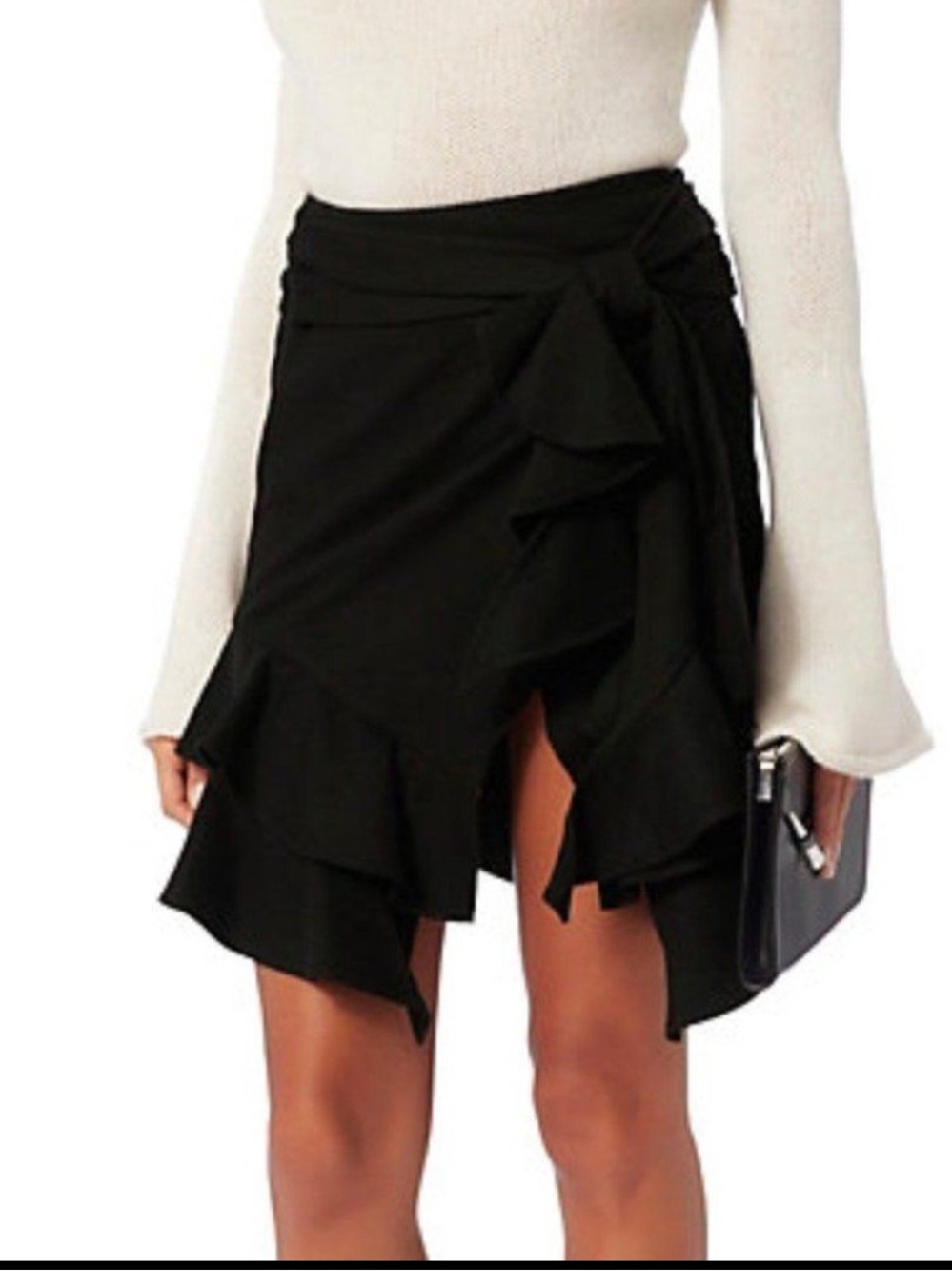 INTERMIX Black Ruffled Tie-Waist Skater Skirt